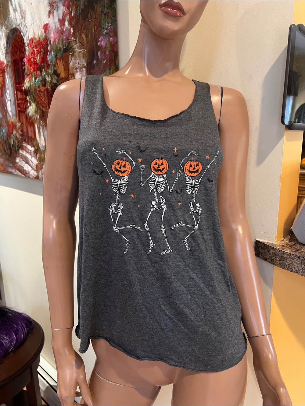 Women's Charcoal Halloween XS Pumpkin dancing Skeleton Tank Top nwot